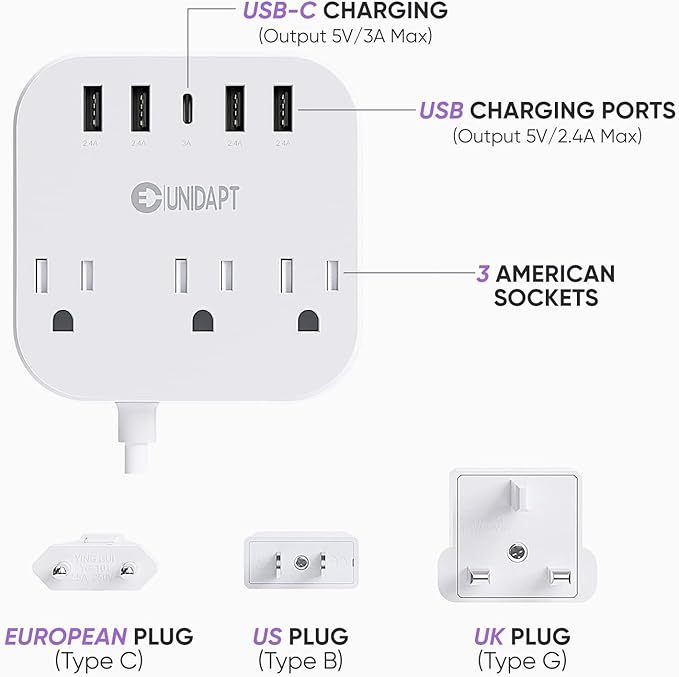 European Plug Adapter, Unidapt US to UK Europe Power Strip for EU/UK/US with USB C and 4 USB Ports, 3 AC Outlets, Wall Mountable, 5ft Extension Cord, for Travel Cruise Ship Home