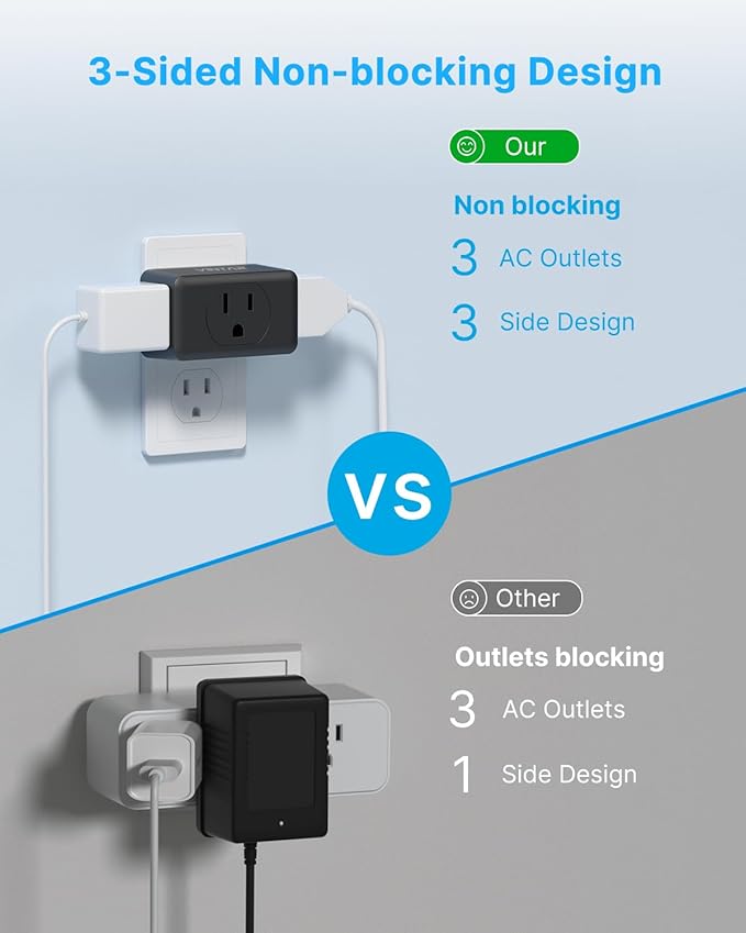 Multi Plug Wall Outlet Extender 2 Pack, VINTAR Electrical Multiple Outlet Splitter, 3 Way Plug Adapter, Small Wall Expander for Home Office Dorm Room Cruise Ship Travel Essentials, Black