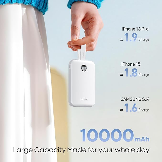 iWALK Magnetic Power Bank 10000mAh, 30W Wireless Portable Charger with Fast Charging USB-C Cable,Qi2 Certified 15W Battery Pack with LED Display for iPhone 17/16/16 Pro/15/14/13 Series, Samsung Galaxy