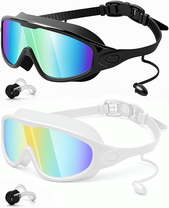 Swim Goggles 2 Pack, Wide View Anti Fog&UV Swimming Goggles for Audlt, No Leak Pool Beach Essentials for Men Women