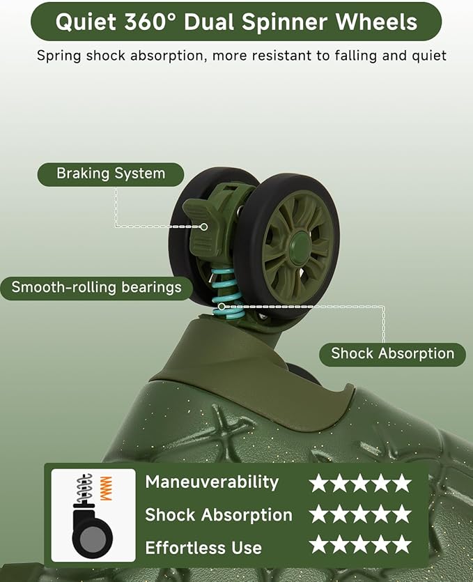 Somago Expandable Carry On luggage with Shock-Absorbing Braking Spinner Wheels Moon Star Design Hard Shell Suitcase with Cupholder TSA Lock (Army Green,Expandable 20 Inch)