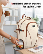 MATEIN HER Teacher Backpack with Lunch Compartment for Women, Water Resistant Work Laptop Backpack for Office Commute with Water Bottle Holder & RFID Pocket, Lunchbox Bag Fits 17.3'' Computer, Beige