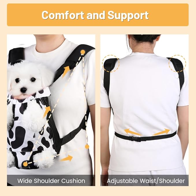 Inspack Dog Backpack Carrier/Cat Carrier, Adjustable Pet Front Carriers Travel Bag for Puppy Medium Dogs, Legs Out, Soft Ventilated Dog Chest Carry Backpacks for Hiking/Camping, 7-11 lbs, Cow Print