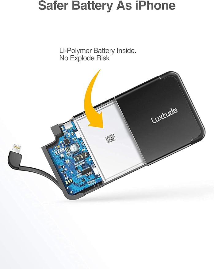 Luxtude Portable Charger iPhone Built in Lightning Cable (MFi Apple Certified), Ultra Slim Portable Phone Charger Thin Battery Pack, 5000mAh Power Bank for iPhone 14/13/12/11/10 etc. (Metal Black)
