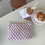 PAZIMIIK Knitted Checkered Makeup Bag Large Zipper Make Up Accessory Pouch for Purse Cosmetic Brush Bag for Travel Essential,Purple
