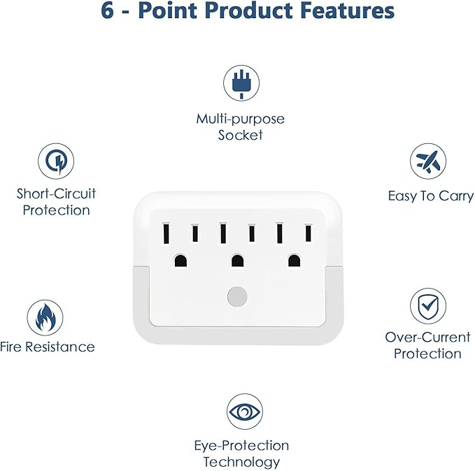 Multi Plug Wall Mount Outlet Adapter, Outlet Extender with Light-Sensing,Power Strip with Warm Night Light for Home Office Hotel Travel-White(1 Pack)