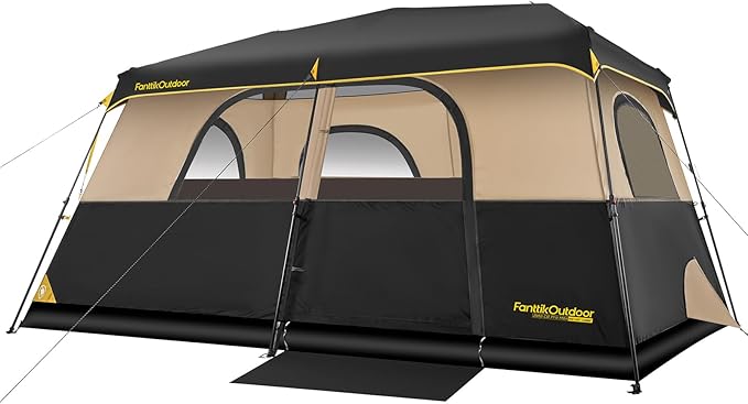 FanttikOutdoor Instant Cabin Tent 6/8/10/12 Person Camping Tent Setup in 60 Seconds with Rainfly & Windproof Portable with Carry Bag for Family Camping & Hiking, Upgraded Ventilation, Khaki