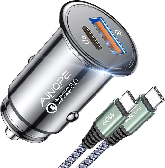 AINOPE 67.5W Car Charger USB C Fast Charge, PD 45W USB C Car Charger Fast Charging【Mini & Metal】 Cigarette Lighter Adapter USB-C Type C Car Charger for iPhone 17 16 15 Pro Max, for Samsung S26 S25