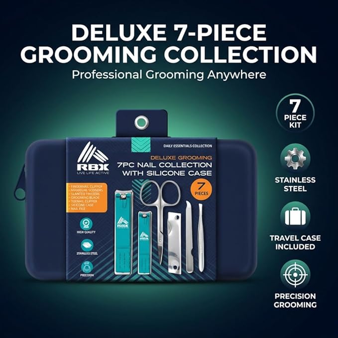 RBX Nail Clipper Set for Men, 7 Pcs Deluxe Grooming Kit for Men - Includes Toe & Finger Nail Clippers, Nail File, Slanted Tweezer, Manicure Scissors, Comes in Silicone Travel Case