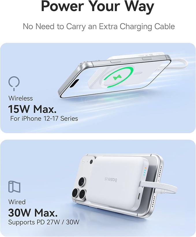 Baseus Magsafe Power Bank, 10,000mAh 30W Magnetic Portable Charger, Fast Charging Wireless Battery Pack with Built-in Braided USB-C Cable for iPhone 17 Pro Max/Air/16/15/14/13, AirPods, iPad and More