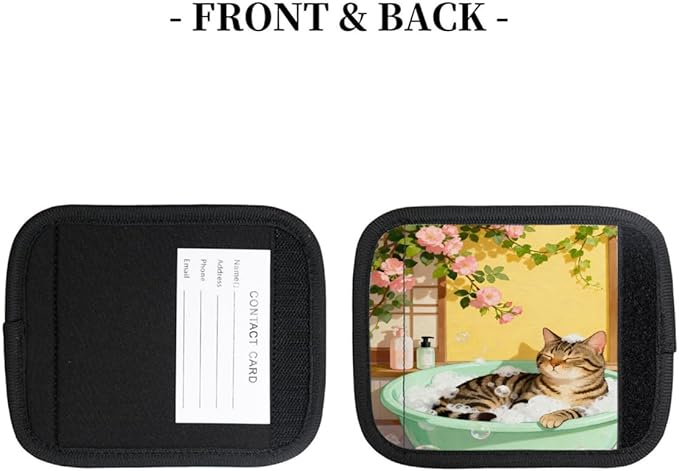 2 Pack Luggage Handle Wrap with Travel Tags - Non-Slip Protective Cover Soft Handle Grips Covers for Suitcase(Flower Cat Bath)