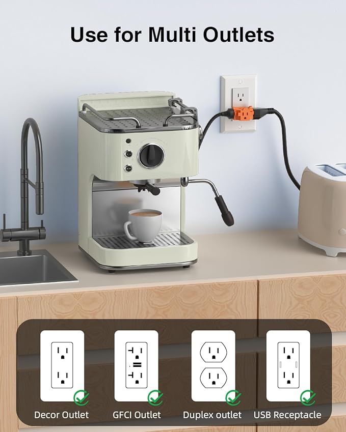 K KASONIC - 3-Outlet Grounding Adapter, Multiple Plug Outlet Extender, Power Splitter, [ETL Listed] Heavy-Duty Grounded Power Tap - 4 Pack, Orange