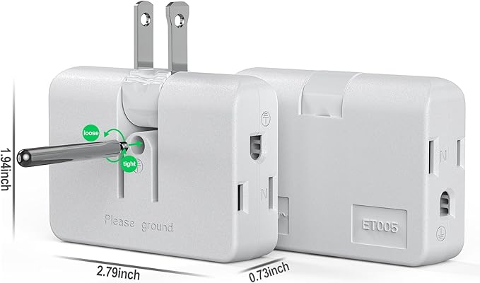 ETwinCoo 2-Prong/3-Prong Swivel Adapter, Polarized Grounding Converter with Flat Wall Plug, Fireproof 3-Outlet for Home Use (2 Pack)