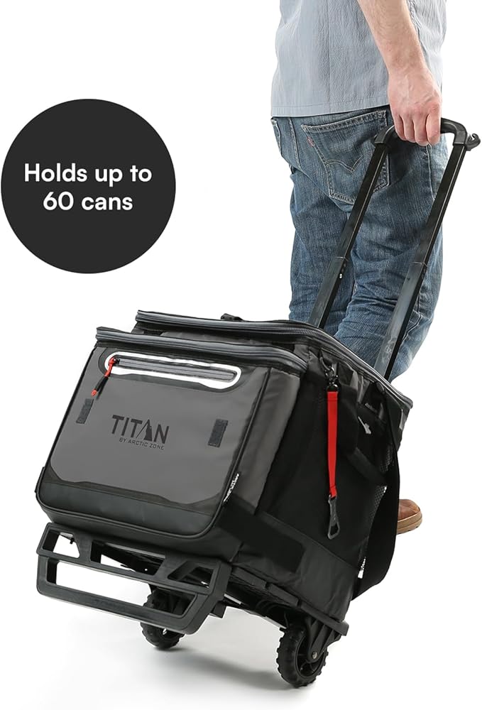 Titan by Arctic Zone Collapsible Wheeled Soft Sided Cooler with Detachable Rolling AT Cart, Insulated Bag with Leak Proof Lining, for Travel, Beach, Picnic, 60 Can Capacity