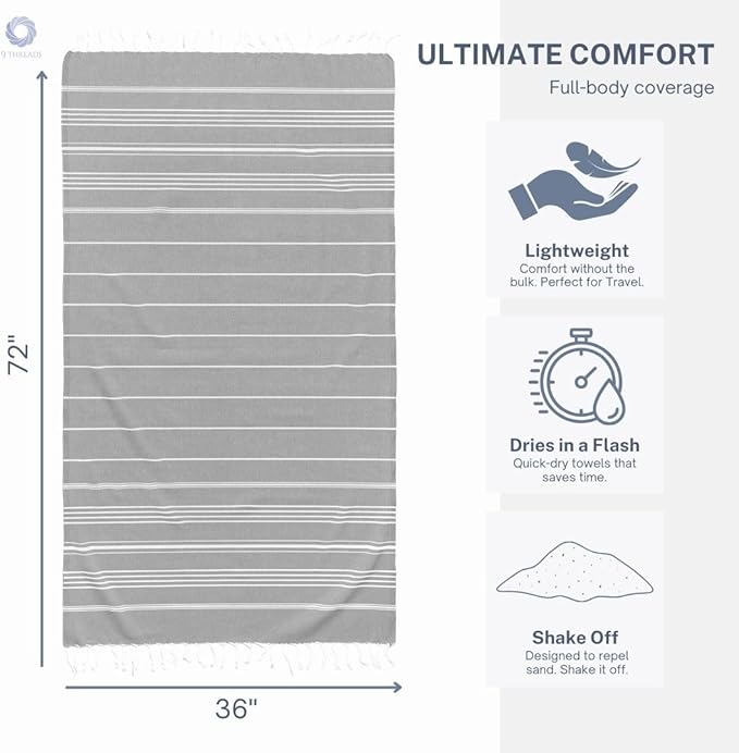 Cotton Turkish Beach Towel with Towels Oversized 36"x72" Pool Absorbent Extra Large Quick Dry Sand Travel Towel (Silver Mist, 4 Pack)