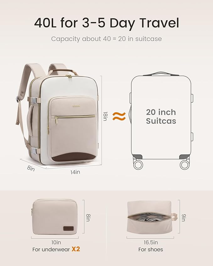 LOVEVOOK 40L Travel Backpack for Women & Men, Airline Approved Carry On Luggage with 3 Packing Cubes, TSA Overnight Bags, Waterproof Personal Item Bag, Weekender Essentials Backpacks fits 17" Laptop