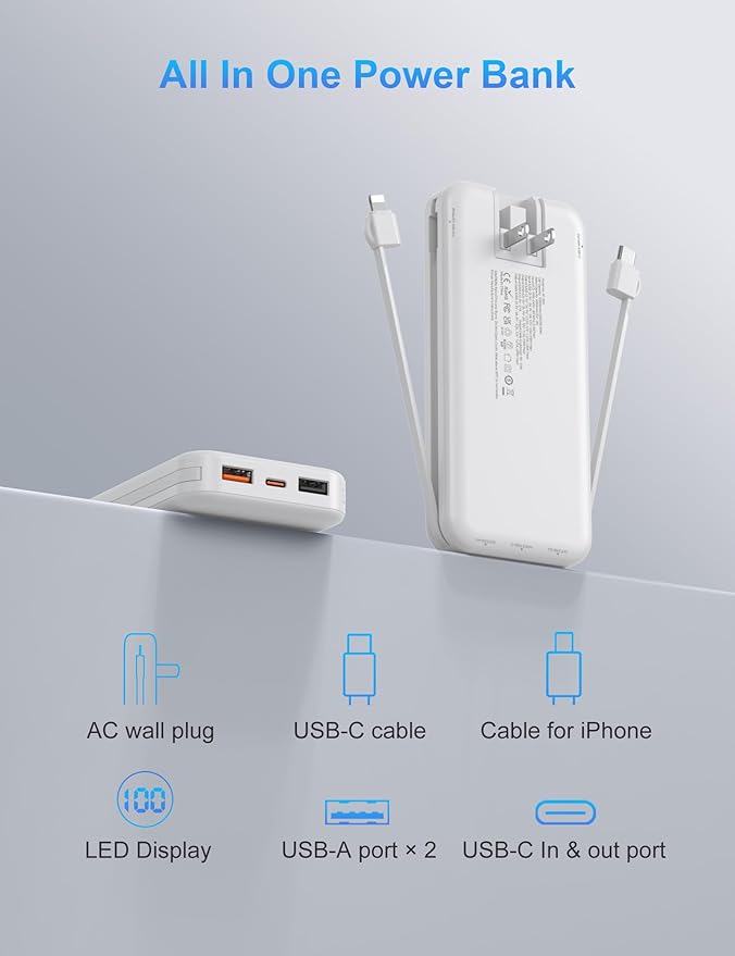 Ffnpua Portable Charger with Wall Plug, 10000mAh USB C Power Bank Fast Charging, External Battery Pack with Built in Cables, Digital Display, 5 Output 4 Input for iPhone Android Cell Phone Tablet