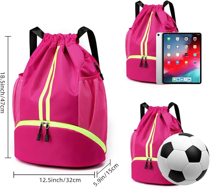 Valleycomfy Sports Drawstring Backpack - Water Resistant String Bag with Side Mesh Pockets Shoe Compartment Gym Backpack for Women & Men Rose