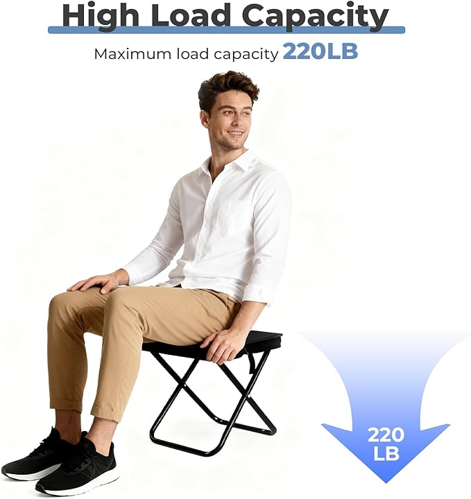 Portable Folding Camping Stool - 1.4Lbs Ultra Lightweight, 220Lbs Heavy Duty, Reinforced Steel Frame, Quick Deploy for Hiking Fishing Camping & Outdoor Events (Black)