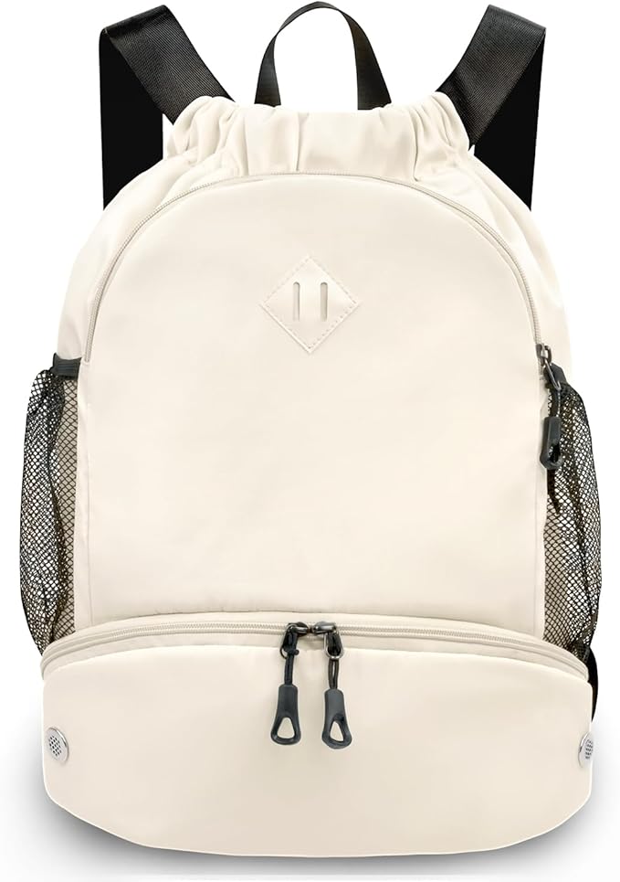 RHDZO Drawstring Backpack Gym Backpack with Shoe Compartment for Men Women String Sports Bag with Wet Pocket Cinch Swim Beach Bag, Large Beige