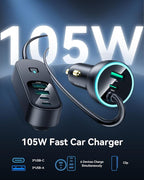 Rocoren 105W 6-Port Multiport Car Charger, PD Fast USB C Car Charger for Multiple Devices,Cigarette Lighter Adapter Car Travel Essentials for Road Trips with 5FT Cable,Car Accessories for iPhone 17/16