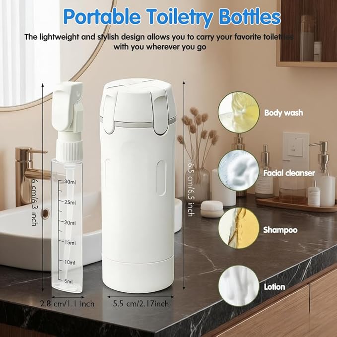 4 in 1 Travel Dispenser Bottle, 4-in-1 Refillable Travel Dispenser Bottles, 4 Pack 30ML Travel Bottles for Toiletries, 2026 New Portable Travel Containers for Shampoo Lotion Conditioner (White)