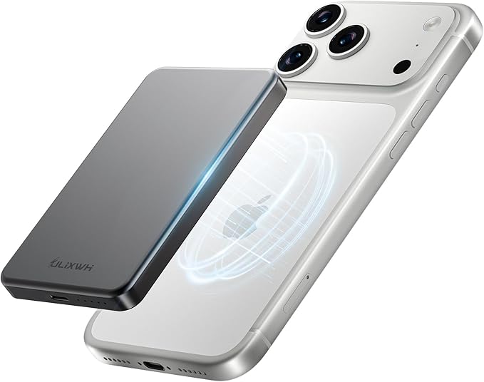 ULiXWH 10,000mAh for MagSafe Power Bank Ultra Slim, Magnetic Wireless Charger with USB-C Cable, Fast Charging Portable Battery for iPhone 17/16/15/14/13/12 Series, All-Metal Design, Space Grey