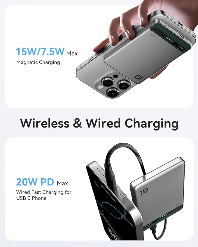 Kuulaa 10000mAh MagSafe Battery Pack, 0.51in Ultra Slim Magnetic Power Bank with LED Indicator, 20W PD USB-C Fast Charging Portable Charger for iPhone 17/16/15/14/13/12, Silver