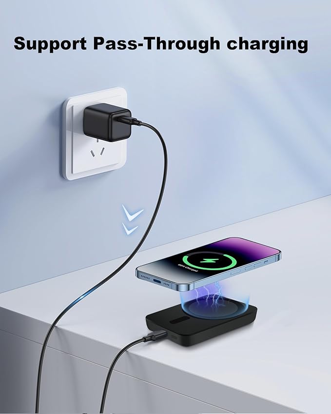 Miady Mini MagSafe-Compatible Portable Charger, 5000mAh 5W Compact Magnetic Power Bank for iPhone 16/15/14/13/12, 12W USB-C Charging Battery Pack