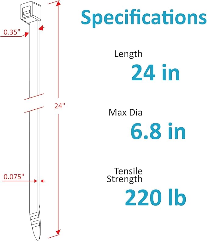 Large Zip Ties Heavy Duty 24 inch (500 Pack), 220 lb Tensile Strength for Outdoor Use, Black Cable Ties, Long Wire Ties by ANOSON