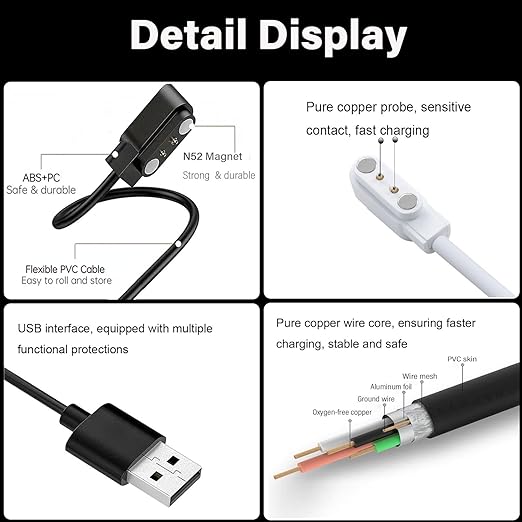 2 Pin(Spacing 2.8mm) Chargers for IP68/IP67 Smart Watch Charger, 2-Pack [Opposite Electrode Polarity,Only One Fit] Magnetic USB Charging Cables for IP67/IP68 Waterproof Smartwatch/Fitness Tracker