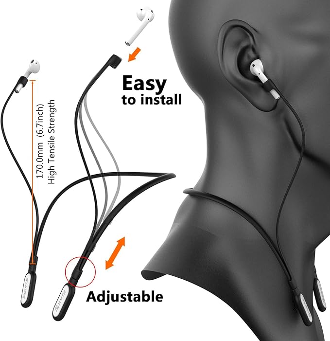 Compatible with for Airpods Pro 3 Strap, Silicone Anti-Lost Neck Strap Wire Cable Connector Sports Neckband for Airpod Pro 3/2/1, Airpods 4, 3, 2, 1, Black with White