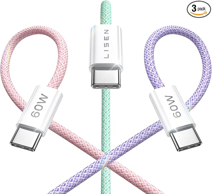 LISEN USB C Cable, 3-Pack [3.3/3.3/3.3FT] USBC to USBC Cable for iPhone 16e 15 Pro Max Charger Cord, 60W (3.1A) C to C Cable Fast Charging for Samsung S25/S24/23, Switch 2, iPad, MacBook