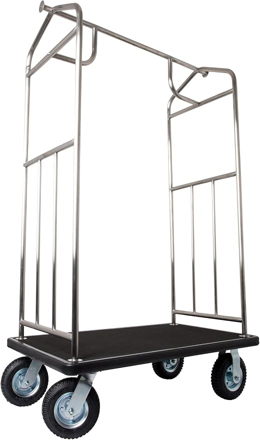 Stainless Steel Luggage Cart – 800lb Capacity – Bellman Cart w/ 6” Air Filled Tires & Black Carpet, for Hotel, Resorts, Condos, Commercial Use (Value Valet Series)