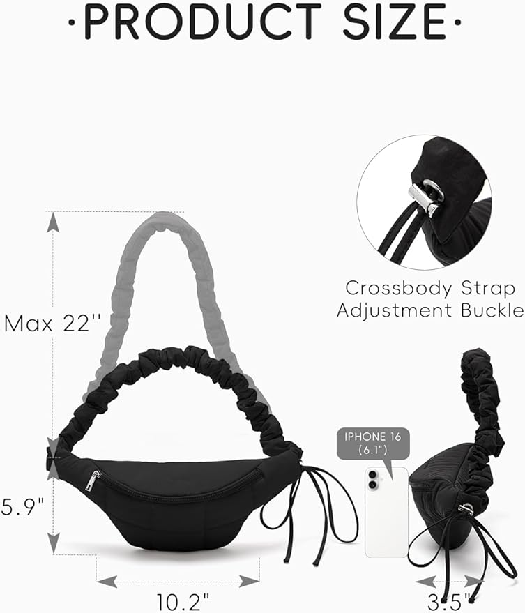 WESTBRONCO Puffer Fanny Packs for Women Small Crossbody Sling Bag, Nylon Quilted Belt Bag for Travel Hiking Running Waist Bag with Adjustable Strap