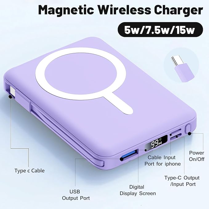 Azmuth for MagSafe Portable Charger, 10000mAh Magnetic Power Bank with 20W PD USB-C Fast Charging LED Display for MagSafe Battery Pack, Magnetic Travel Charger for iPhone 17/16/15/14/13/12 Series