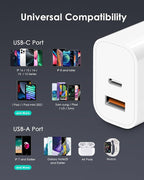 [4 Pack] USB C Charger Block Fast Charging Multiport Adpater [PD 20W USB-C & QC 3.0 USB-A Port] for iPhone 17/16/15/14/13/12/11/X/8, iPad, Galaxy, Google & More