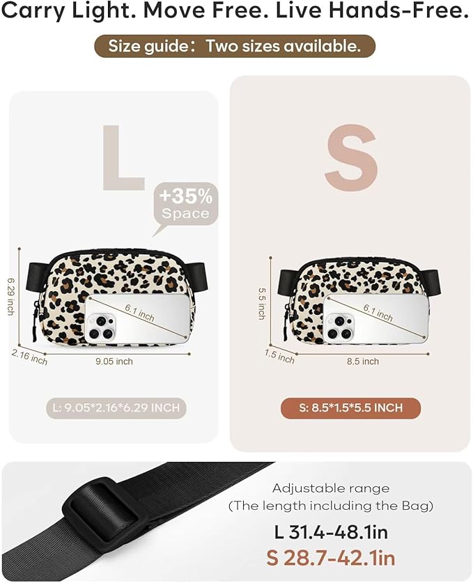 Pritent Fanny Packs for Women Cross Body Bag Waterproof Belt Bag with Adjustable Strap and Zipper Back Pocket Small Crossbody Bags Fashion Waist Packs for Workout Travelling(Leopard)