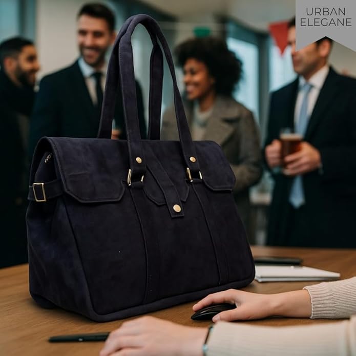 Amari Midnight Blue Suede Leather Tote Bag for Women | Fits 14” Laptop | Ethical Handcrafted Indian Shoulder & Messenger Bag | Soft Genuine Suede | Office, Travel & Everyday Use
