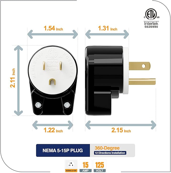 (3PACK) ETL Listed 90 Degree USA Canada Male Plug Nema 5-15P 3 Pole Angle DIY, 15A 125V USA 3Pin Right Angle AC Plug, Nema 5-15P Angled Rewireable