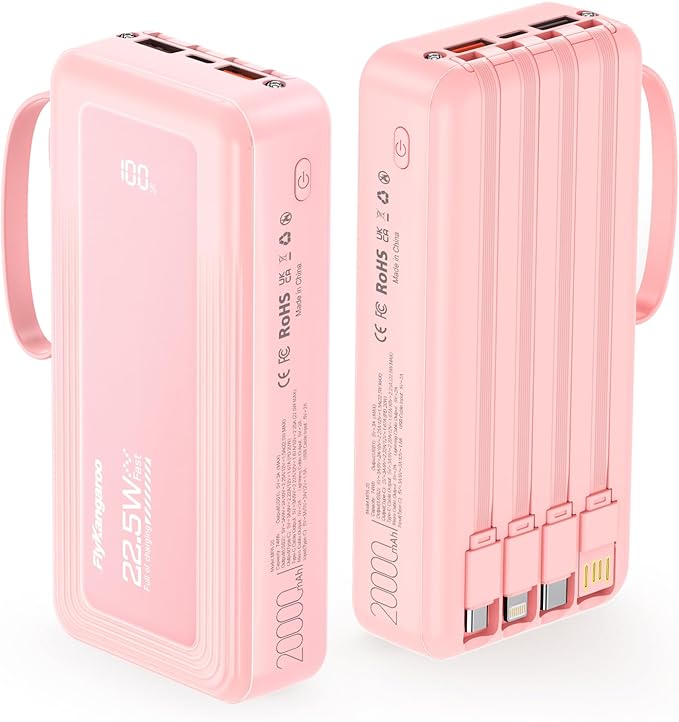 Portable Charger with Built in Cables, Slim 20000mAh Fast Charging 22.5W Power Bank USB C LED Display Battery Pack 6 Outputs & 2 Inputs for iPhone Samsung Pixel LG Moto iPad