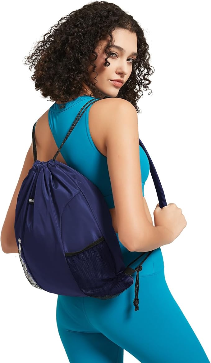 WANDF Drawstring Backpack with Shoulder Pad Sports Gym Backpack with Mesh Pocket String Bag for Women Men (Navy Blue)