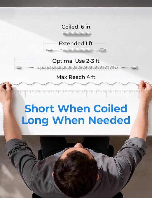 LISEN Coiled USB C Cable, 2 Pack for Android Auto & CarPlay Cable, Short USB A to USB C Cable Compatible with iPhone 17/16/15, Samsung Galaxy S25/S24/S23 A15/A14, Google Pixel 9/8, White 4FT