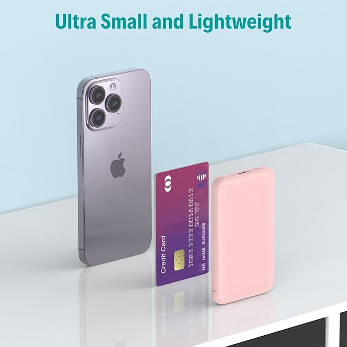 Sethruki Smallest Portable Charger with Built-in Cables 5000mAh,Ultra Slim Power Bank,Mini High Speed External Battery Packs,Lightweight USB C Phone Charger for iPhone Samsung Google Android (Pink)