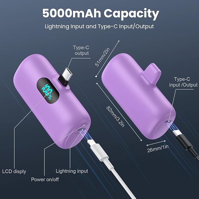 [2-Pack] Mini Portable Charger 5000mAh Power Bank,3A PD USB C Cell Phone Portable Power, LCD Display Battery Pack Compatible with iPhone 17/17 Air/16/16 pro/15/15 pro Max/Android/Samsung/Moto/LG etc