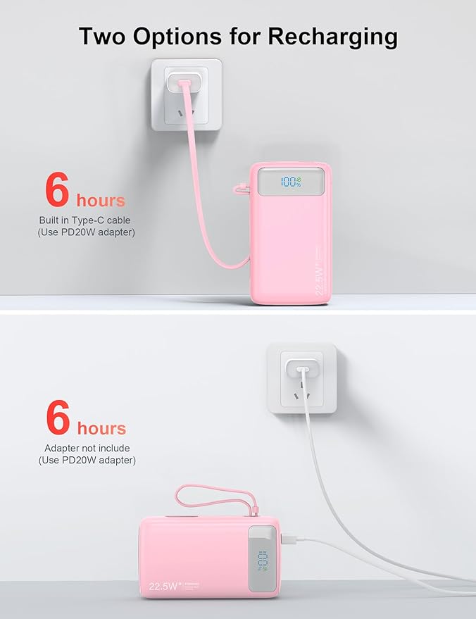 Portable Charger, 27000mAh 22.5W Fast Charging Power Bank with Built-in Cable, USB C Battery Pack with LED Display & Flash Light, Travel Essential External Battery Charger Bank for iPhone Samsung Pink