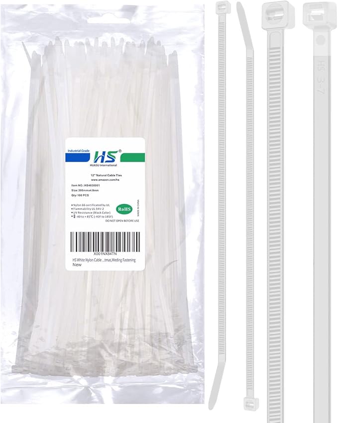 HS Long Zip Ties 12 Inch Clear 0.19" Nylon Cable Ties Heavy Duty 50 Lbs Strength Strong for Privacy Fence Outdoor,Electrical Plastic Tie Straps Weather Resistant 100 Pcs White