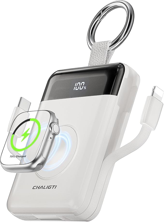 Portable Charger,5000mAh PD 20W Super Fast Charging Power Bank with Built-in Cables,Travel Keychain Battery Pack for Apple Watch Ultra/11/10/9/8/7/6/SE,iPhone 17/16/15/14/13/12 (White)