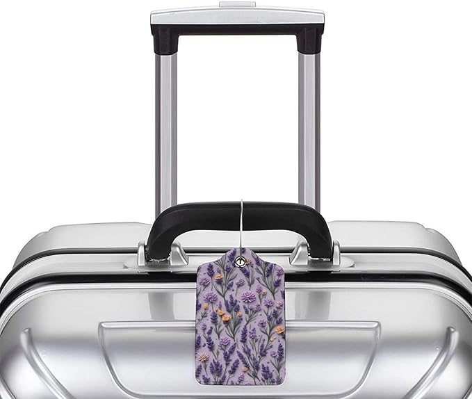 2 Pack Luggage Tags for Suitcases, PU Leather Bag Tag with Privacy Cover Address Card Travel Essentials-Purple Lavender Flower