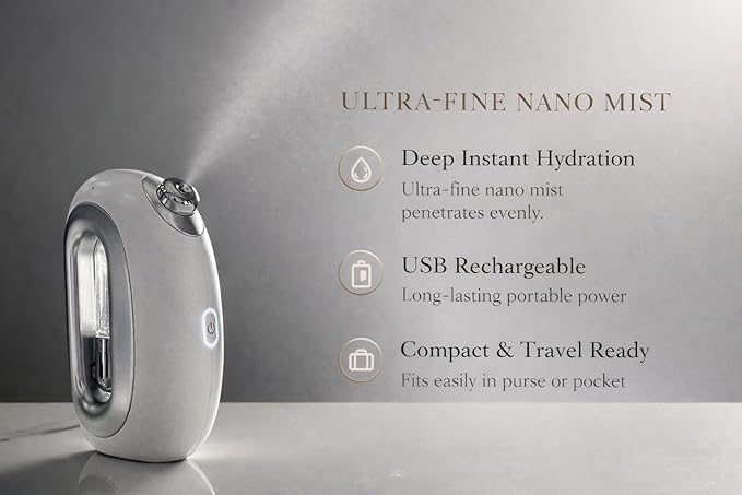 Facial Steamer Nano Mist – Portable USB Rechargeable Face Mister for Hydrated Glowing Skin – Ultra Fine Cold Mist for Makeup Settings, Dry Skin & Travel Beauty Device,